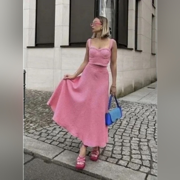 New Zara Long Textured A Line Barbie Pink Maxi Flounce Skirt 2929/469  Size XL - Picture 2 of 12